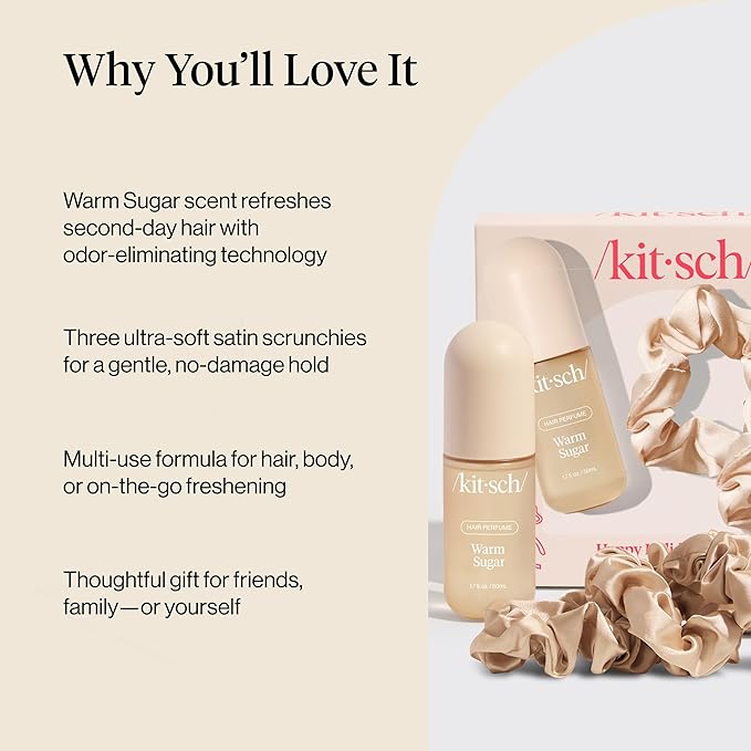 Kitsch Satin Scrunchies and Hair Perfume for Women Holiday Set – Warm Sugar Scent with Patented Odor-Eliminating Technology Hair Spray | Neutral Softer Than Silk Scrunchies | Ideal Gifts for Women