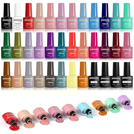 JODSONE 36 PCS Gel Nail Polish Set-32 Colors Gel Nail Polish Set Same Color Same Bottle No Wipe Base Top Matte Glitter Coat Professional Choice Salon Gifts