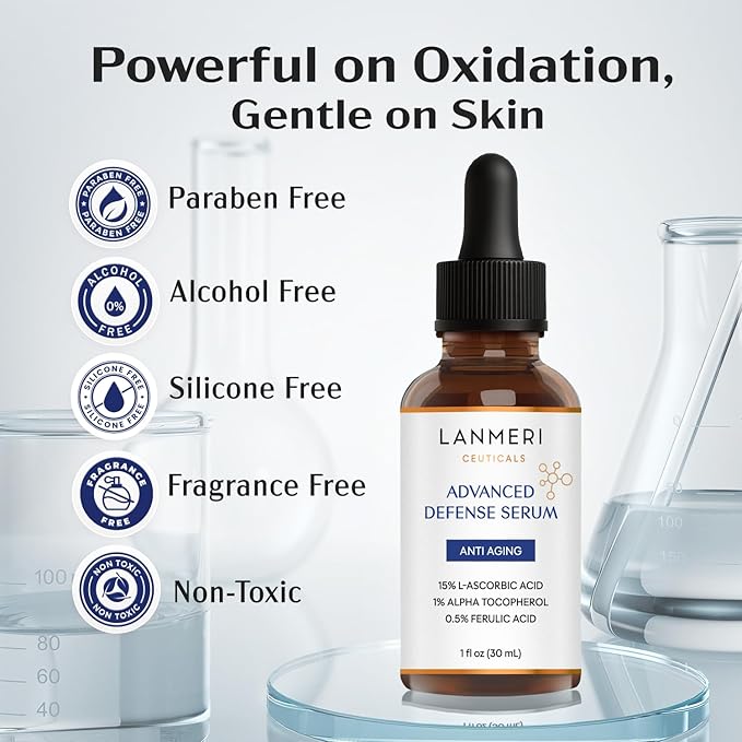 (Pack of 2) Lanmeri Ceuticals 15% Vitamin C + E + Ferulic Serum: Advanced Antioxidant Defense Formula with 1% Vitamin E & 0.5% Ferulic Acid – High-Stability Vitamin C Serum (1 fl oz)
