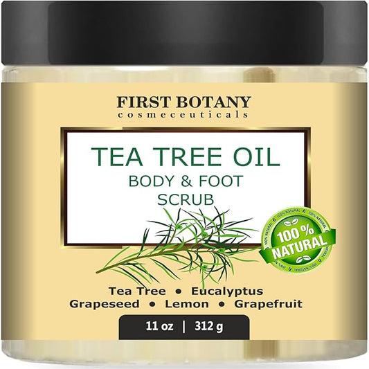 First Botany 100% Natural Tea Tree Oil Body & Foot Scrub with Salt - Best for Acne, Dandruff and Warts, Corns, Calluses, Athlete foot, Jock Itch & Body Odor