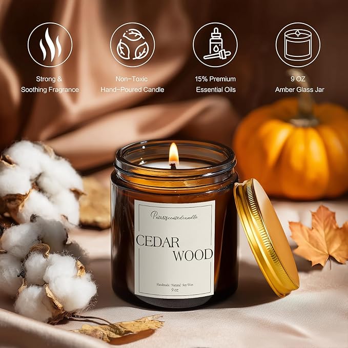 Cedar Wood Candles for Home Scented, Natural Soy Aromatherapy Non Toxic Candles with Long Lasting Fragrance & Clean Burn, Luxury Jar Candle Gifts for Women, Men, Home Decoration 9oz