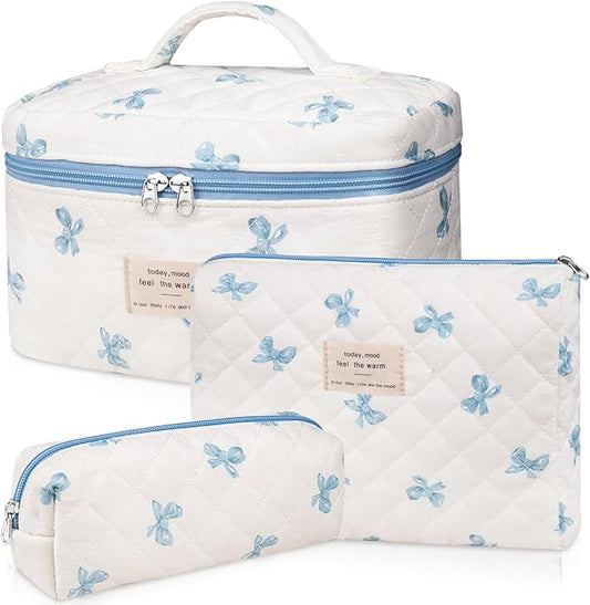 3PC Makeup Bag Set, Quilted Makeup Bag, Large Floral Cosmetic Bag for Women, Cute Cotton Makeup Bags, Flower Travel Toiletry Organizer Bag (White and Blue Bow)