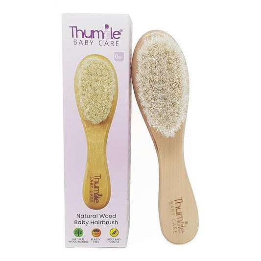 Baby Hair Brush by Thumble Baby Care | Gentle Goat Bristle Cradle Cap Scalp Massager | Set for Newborns, Infants & Toddlers | Natural Wooden Alternative | Plastic-Free