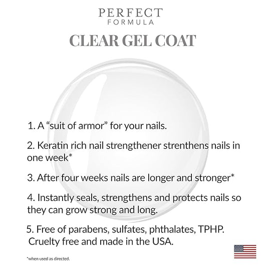 Perfect Formula Clear Gel Coat - Nail Strengthener, Keratin Treatment, Clear Nail Polish - Strengthener for Damaged Nails - Made In The USA .60 fl oz.