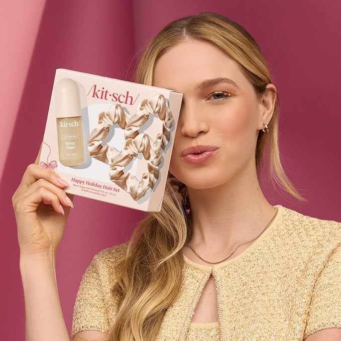 Kitsch Satin Scrunchies and Hair Perfume for Women Holiday Set – Warm Sugar Scent with Patented Odor-Eliminating Technology Hair Spray | Neutral Softer Than Silk Scrunchies | Ideal Gifts for Women