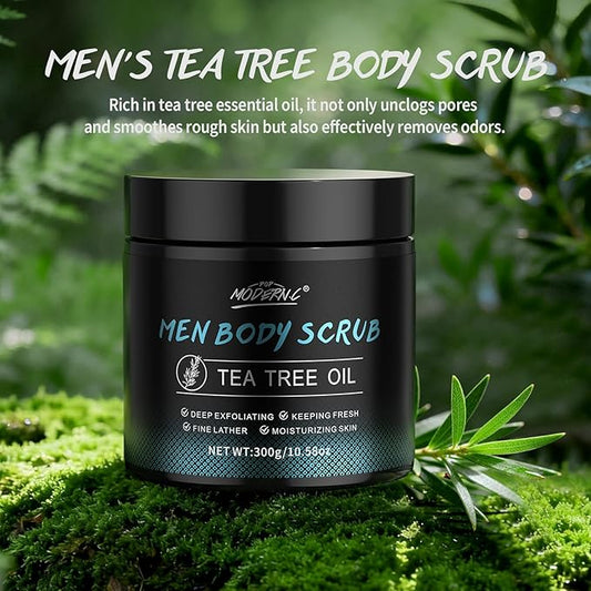 Men Body Scrub with Tea Tree Oil Exfoliating Body Scrub for Men Improve Odor Smooth Rough Skin Body Exfoliator Scrub for Back Chest Shoulders Butt Legs Mens Exfoliating Body Wash with 2% BHA 10% AHA