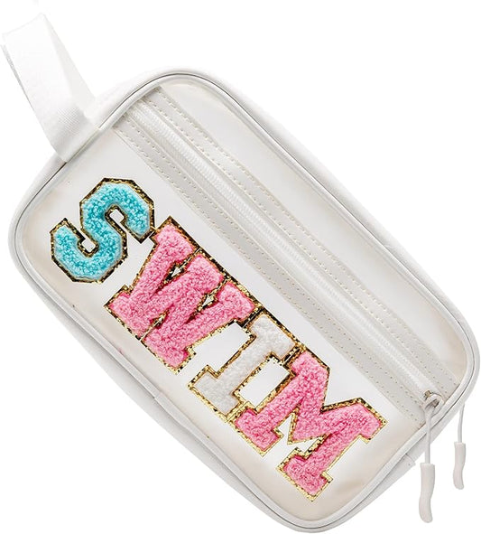 COSHAYSOO Clear SWIM Makeup Bag with Preppy Letter Patch Beach Pool Travel Essential Gifts for Women Swimmer Swimming Team Teenager Girls Cute Toiletry Zipper Pouch Cosmetic Purse Organizer