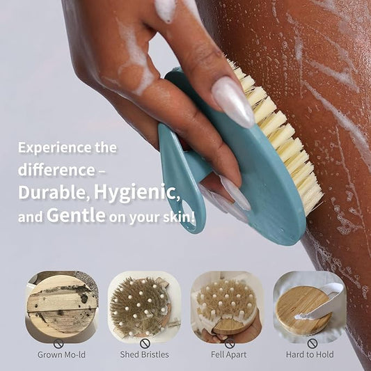 Body Scrubber 4 Pack, BEAUTAIL Gentle Exfoliating Shower Bath Brush, Soft Bristle Brushes for Sensitive Skin Women Men, Non-Slip Hand-Clip, Durable and Long Lasting (2pcs Blue+2pcs Gray)