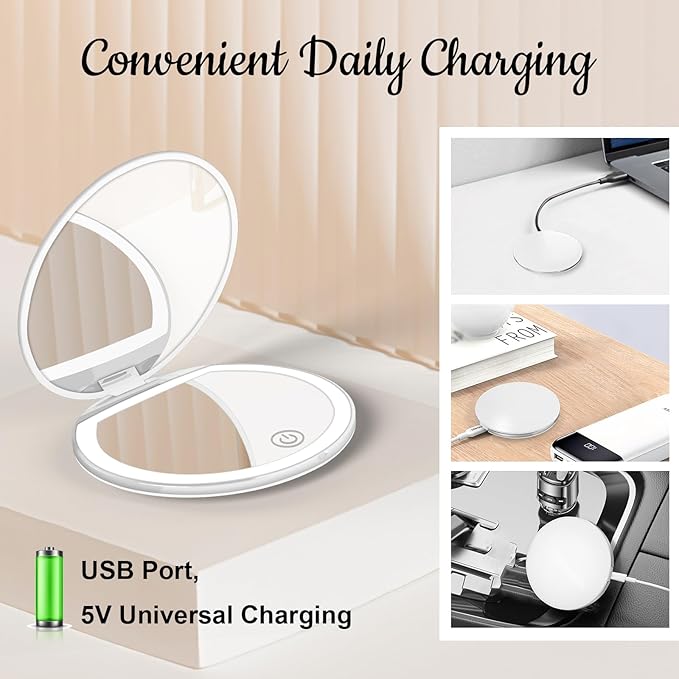 Compact Mirror with Light, 1X/3X Magnification LED Pocket Mirror with USB Data Cable,Mini Mirror for Purse, Pocket,Travel and Present (White)