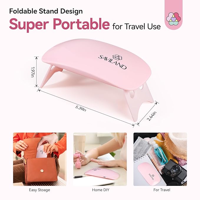 SAVILAND SSPro X Gel U V Nail Lamp: 12W Pink Mini Portable U V Light for Gel Nails Fast Curing 2 Timers Cure Lamp lampara led para uñas USB Interface Folding Design Personal DIY Home Traveling Use