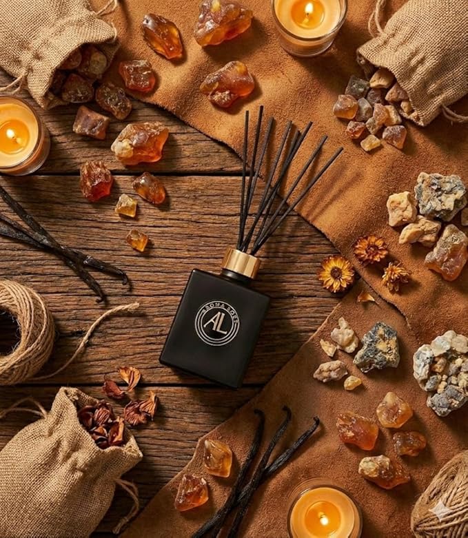 Reed Diffuser Set for Home - Rustic Amber Scent Sticks - Bathroom Counter Decor - Modern Room Fragrance Diffuser - Office Air Freshener - 90 Day Long Lasting Aroma