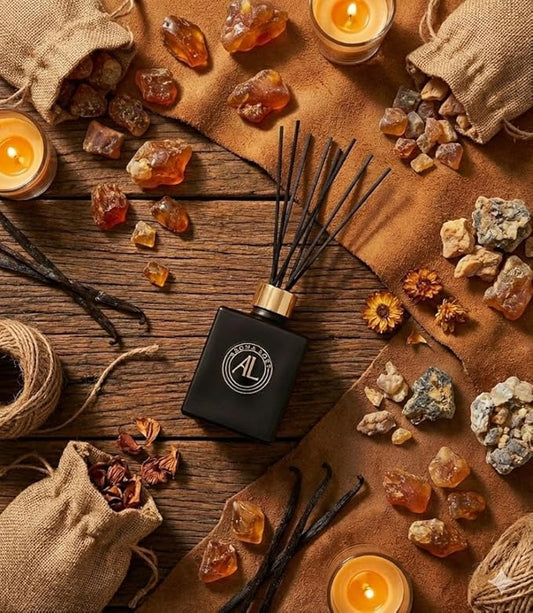 Reed Diffuser Set for Home - Rustic Amber Scent Sticks - Bathroom Counter Decor - Modern Room Fragrance Diffuser - Office Air Freshener - 90 Day Long Lasting Aroma