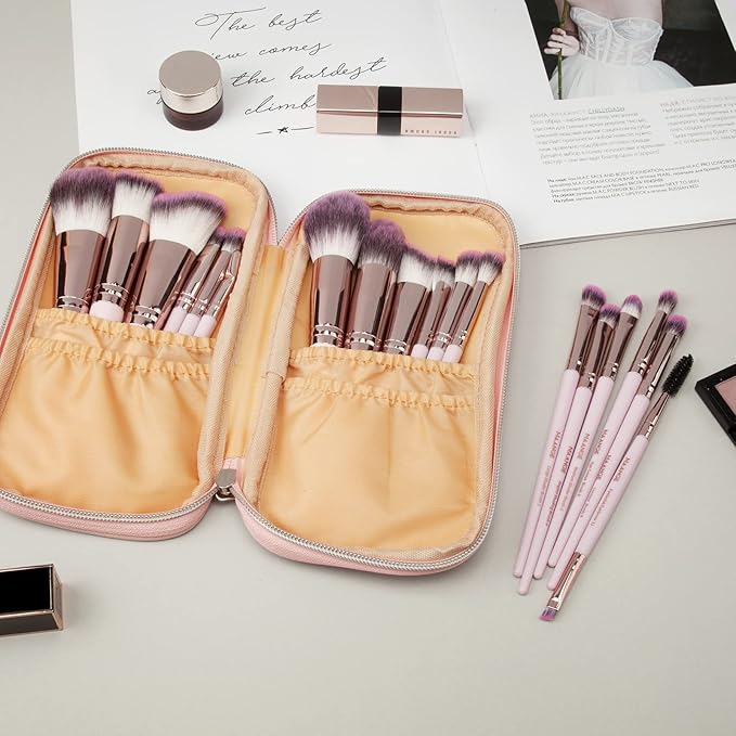 Makeup Brushes with Case, MAANGE 18 Pcs Professional Makeup Brush Set Premium Synthetic Face Kabuki Brush Kit Foundation Blush Powder Eyeshadow Brushes Set Christmas Gift (Pinkgold)