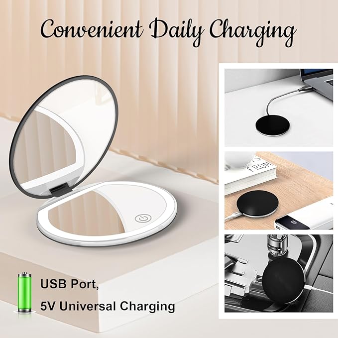 Compact Mirror with Light, 1X/3X Magnification LED Pocket Mirror with USB Data Cable,Mini Mirror for Purse, Pocket,Travel and Present (Black)