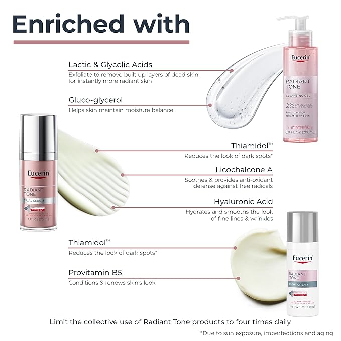 Eucerin Radiant Tone Dual Serum Dark Spot Corrector, Serum with Thiamidol and Hyaluronic Acid + Face Cleanser Gel with 2% Exfoliating AHA Complex + Night Cream, Dark Spot Corrector with Thiamidol