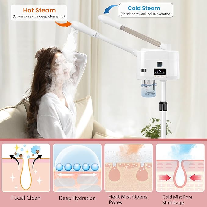 2 in 1 Hot and Cold Facial Steamer,Professional Face Steamer on Wheels for Beauty Salon, Spa or Home Use