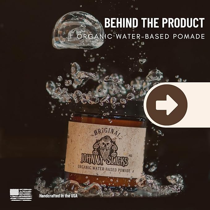 Johnny Slicks Water Based Pomade | Strong Hold, High Shine, Organic Styling for Men | Promotes Healthy Hair Growth & Helps Hydrate Dry Skin (Original, 4 Ounce) US Made, Veteran Owned