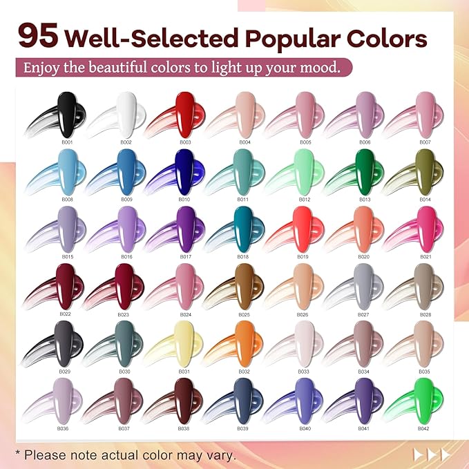 JODSONE 100 Bottles of Gel Nail Polish Kit with U V Led Light 95 Multiple Glossy Glitter Colors Mint Green Light Pink Nail Gel Base Coat Glossy and Matte Top Coat