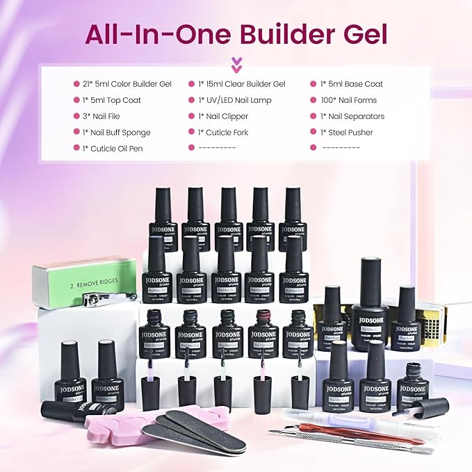 JODSONE Builder Gel Nail Kit with U V Light Base Top Coat 21 Colors High Shine Builder Gel and 100 PCS Extension Stickers