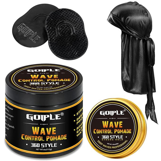 Natural Wave Pomade for Men Strong Hold, Easy Wash 360 Training Hair Cream, Grease Promotes Layered Waves, Moisture, Control and Silky Shine (with Travel Size)