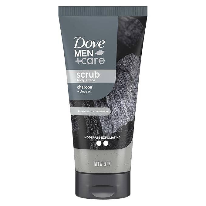 DOVE MEN + CARE Body and Face Scrub Charcoal & Clove Oil Deeply Exfoliates for Hydrated & Nourished Skin 100% Gentle Cleanser, No Sulfate Cleansers or Parabens 9 oz