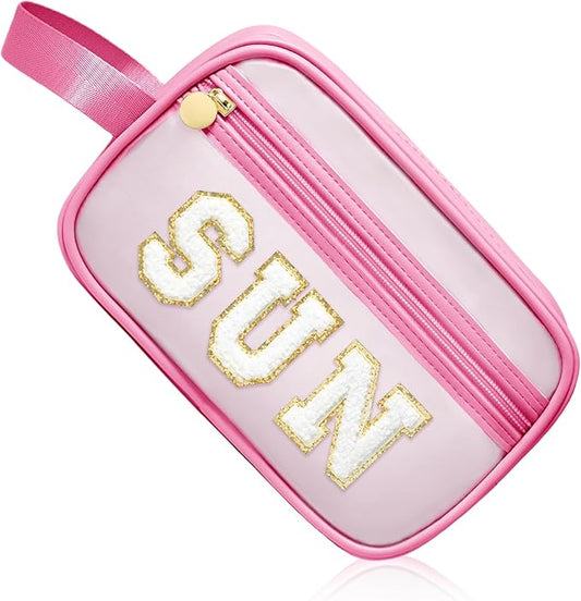 COSHAYSOO Clear Sunscreen Bag Makeup Toiletries Pouch Beach Vacation Essentials Summer Travel Stuff Accessories Personalized Graduation Gifts for Her Women College Teen Girls Teacher Nurse Pink SUN