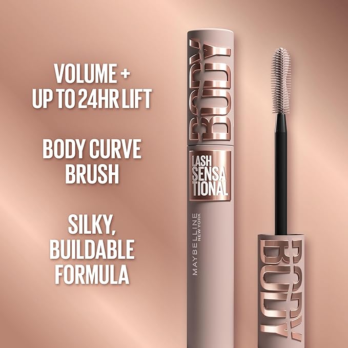 Maybelline Lash Sensational Body Washable Mascara, Volume and Length Formula for 24HR Lash Lift, Smudge and Clump-Resistant, Brownish Black