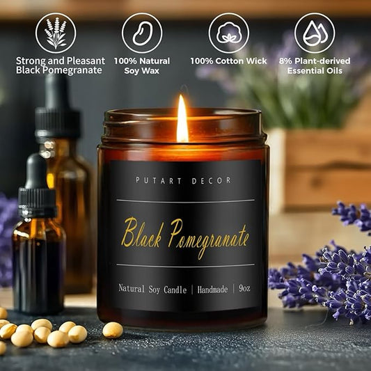 Black Pomegranate Candles for Home Scented，Natural Non Toxic Soy Aromatherapy Candle Gifts for Women & Men, Strong Fragranced & Long Lasting Brown Glass Jar Candles with Essential Oils (9oz)