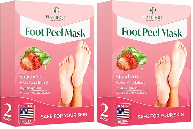 PLANTIFIQUE Foot Peeling Mask 4 Pack | Dermatologically Tested Repairs Heels & Removes Dry Dead Skin for Baby Soft Feet | Exfoliating Foot Peel Mask for Dry Cracked Feet | Strawberry