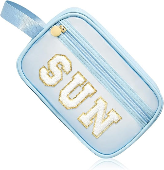 COSHAYSOO Clear Sunscreen Bag Makeup Toiletries Pouch Beach Vacation Essentials Summer Travel Stuff Accessories Personalized Graduation Gifts for Her Women College Teen Girls Teacher Nurse Blue SUN