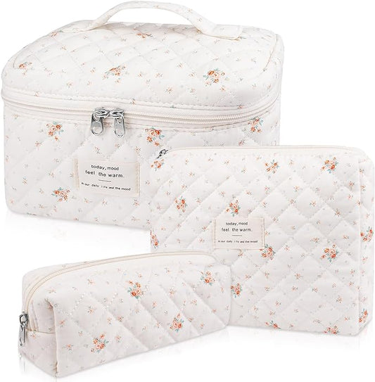 Makeup Bag Set, Quilted Makeup Bag, Large Floral Cosmetic Bag for Women, Cute Cotton Makeup Bags, Flower Travel Toiletry Organizer Bag (Rose Plaid Pattern)