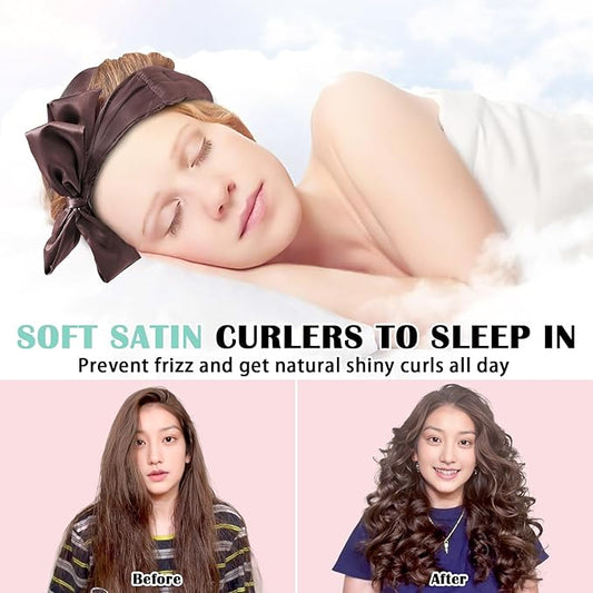 Satin Heatless Curls Overnight Hair Curlers to Sleep In Hair Curler Rollers No Heat Hair Wrap for Curls Headband, 70" Satin Heatless Curling Rod Set for Women Long Waves Hair Volume -Brown 9PCS