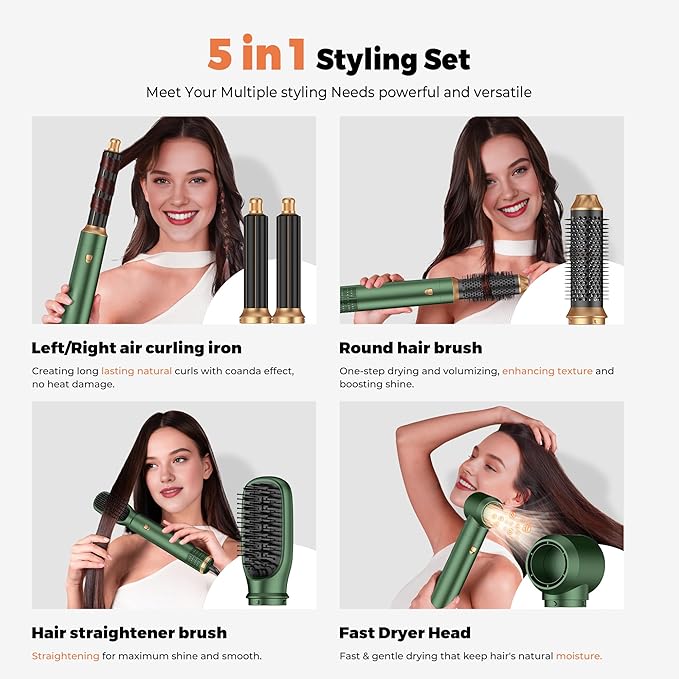 5 in 1 Blow Dryer Brush Set,Hot Air Styler Negative Ion Air Curling Wrap Air Curler, Round Brush Blow Dryer Curling Iron Hair Styling Tools Gift for Dry,Volumize, Straight,Curl,100-120V