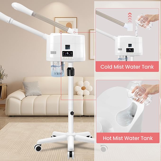 2 in 1 Hot and Cold Facial Steamer,Professional Face Steamer on Wheels for Beauty Salon, Spa or Home Use