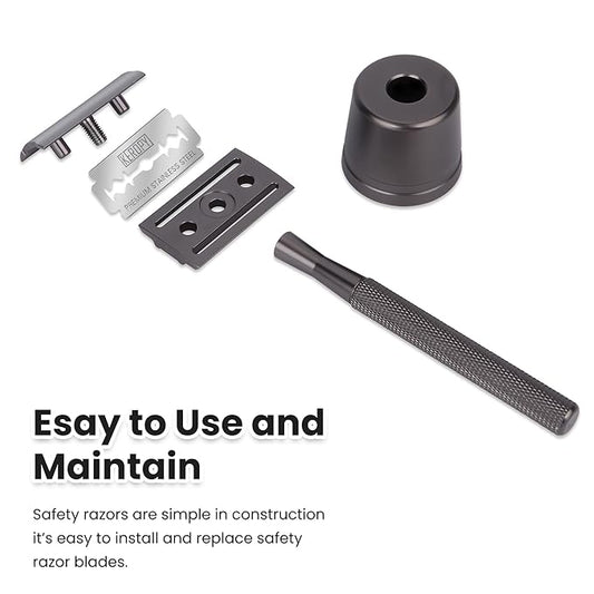 Double Edge Razor With Stand and 10 Premium Stainless Steel Blade Safety Razors For Men Shaving Razor, Matte Black Double Edge Safety Razor, Gun Black