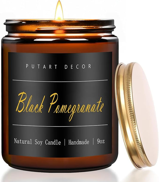 Black Pomegranate Candles for Home Scented，Natural Non Toxic Soy Aromatherapy Candle Gifts for Women & Men, Strong Fragranced & Long Lasting Brown Glass Jar Candles with Essential Oils (9oz)