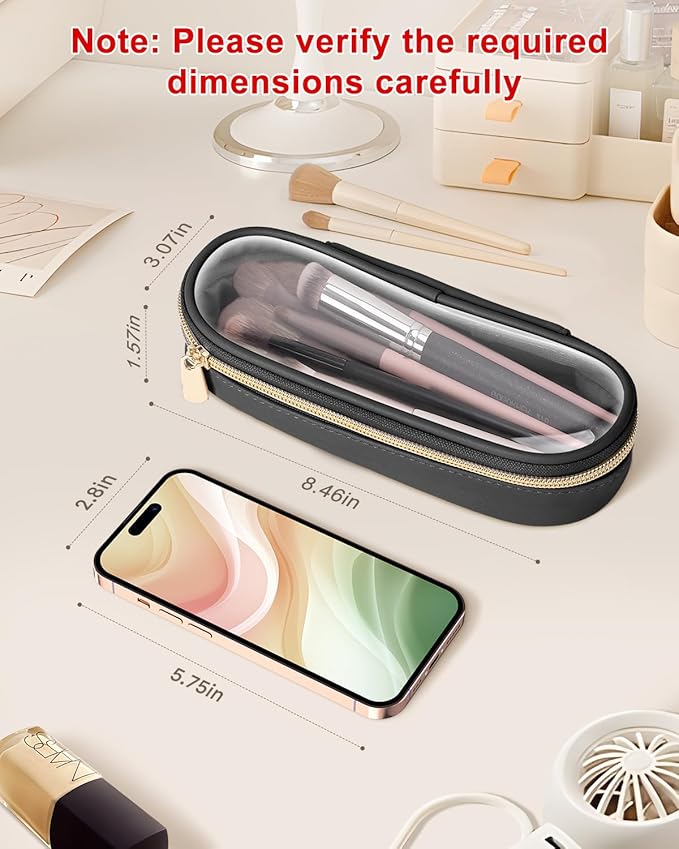 Clear Travel Makeup Brush Holder, Leather Makeup Brush Toiletry Bag, Portable Cosmetic Brush Case, Transparent Waterproof Makeup Brush Storage Bag, Black, Large