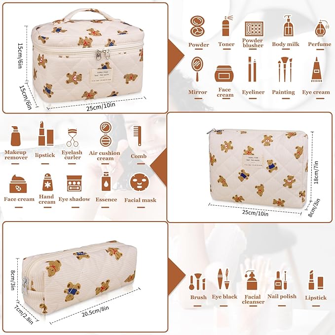 3PC Makeup Bag Set, Quilted Makeup Bag, Large Floral Cosmetic Bag for Women, Cute Cotton Makeup Bags, Flower Travel Toiletry Organizer Bag (Bear)