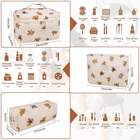 3PC Makeup Bag Set, Quilted Makeup Bag, Large Floral Cosmetic Bag for Women, Cute Cotton Makeup Bags, Flower Travel Toiletry Organizer Bag (Bear)