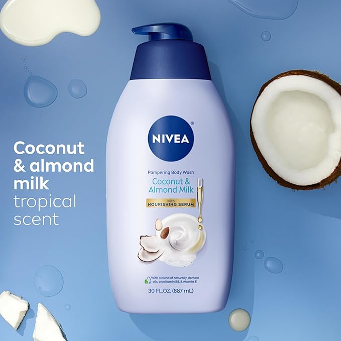 NIVEA Pampering Coconut and Almond Milk Body Wash with Nourishing Serum, Moisturizing Body Wash for Women, Enriched with Provitamin B5 and Vitamin E, 30 Fl Oz Bottle