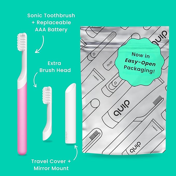 Quip Sonic Toothbrush for Adults with Timer - Includes Extra Brush Head and Travel Cover Mount - Electric, Soft Bristle Refill Head, Plastic Handle, 3 Month Battery Life - Travel Toothbrush - Magenta