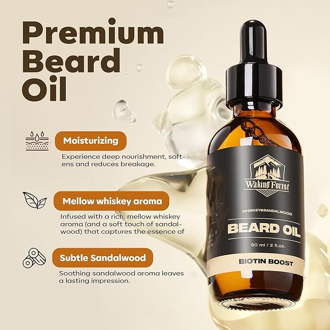 Waking Forest Sandalwood & Whiskey Beard Oil for Men - Biotin Mustache Oil with Vitamin E, Rosemary & Castor - Beard Care Softener, Strengthens, and Moisturizes - Beard Conditioner (2 oz)