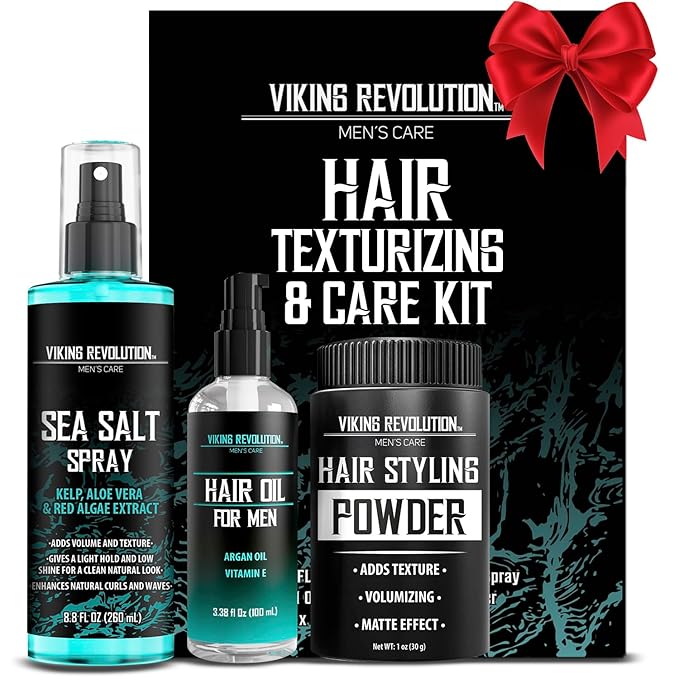 Viking Revolution Sea Salt Spray for Hair Men (8fl oz), Hydrating Hair Oil for Men with Vitamin E (3.38fl oz) and Styling Powder (1oz) - Mens Styling Texturizing Kit