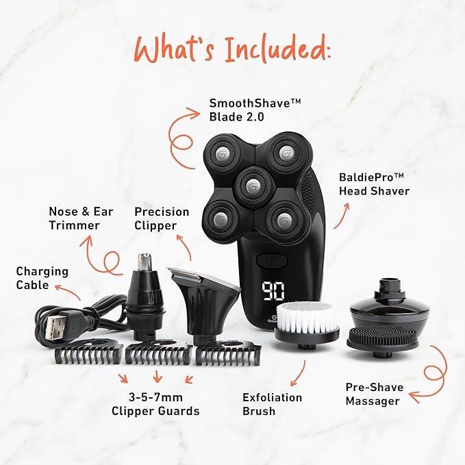 Groomie Cordless Bald Head Shavers for Men, BaldiePro Head Grooming Kit - Ergonomic & Waterproof Head Shavers for Bald Men - Electric Hair Shaver & Head Razor - Men's Rotary Shaver for Smooth Shave