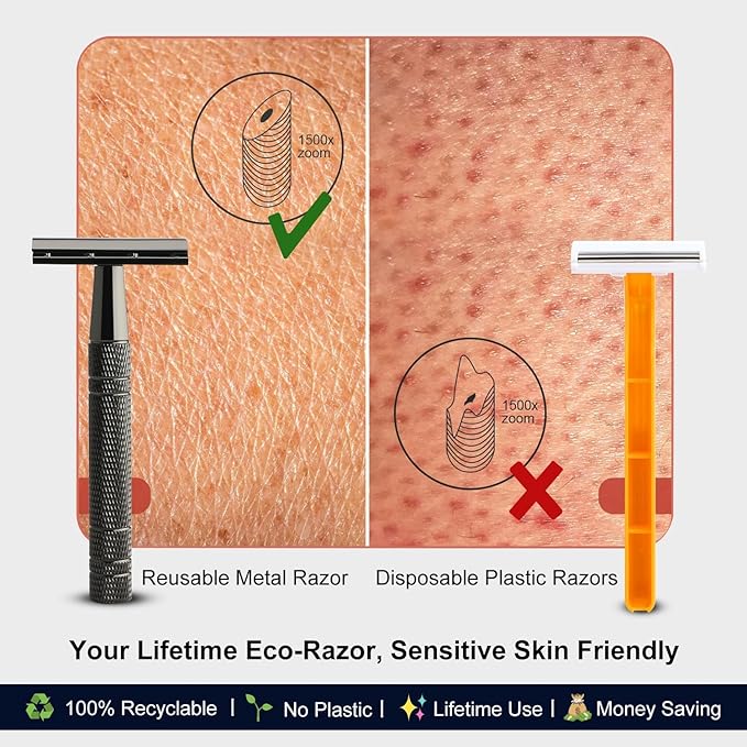 Shiny Gun Black Double Edge Safety Razor, Single Blade Razors for Men and Women, with 10 Stainless Steel Safety Razor Blades, Reusable Smooth and Close Wet Shaving Kit, Plastic Free