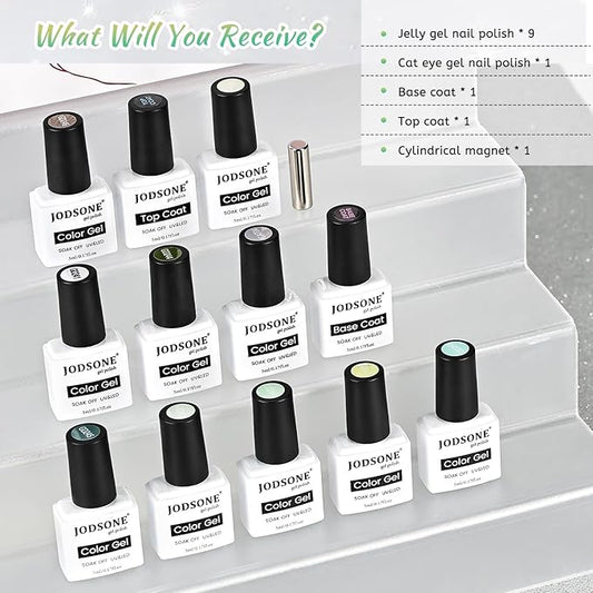 JODSONE 9 Green Colors Jelly Gel Nail Polish Set with Base Coat Top Coat Women's Holiday Gifts