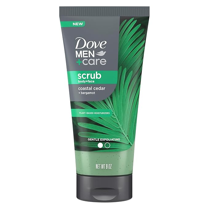 DOVE MEN + CARE Body and Face Scrub Costal Cedar Deeply Exfoliates for Hydrated & Nourished Skin 100% Gentle Cleanser, No Sulfate Cleansers or Parabens, 98% Biodegradable Formula 9 oz