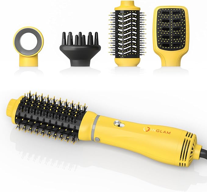 IG INGLAM Hair Dryer Brush, 4-in-1 Detachable Blow Dryer Brush, Ionic Diffuser Hair Dryer & Styler Volumizer with Oval Titanium Barrel, One-Step Hot Air Blowout Styler, Yellow