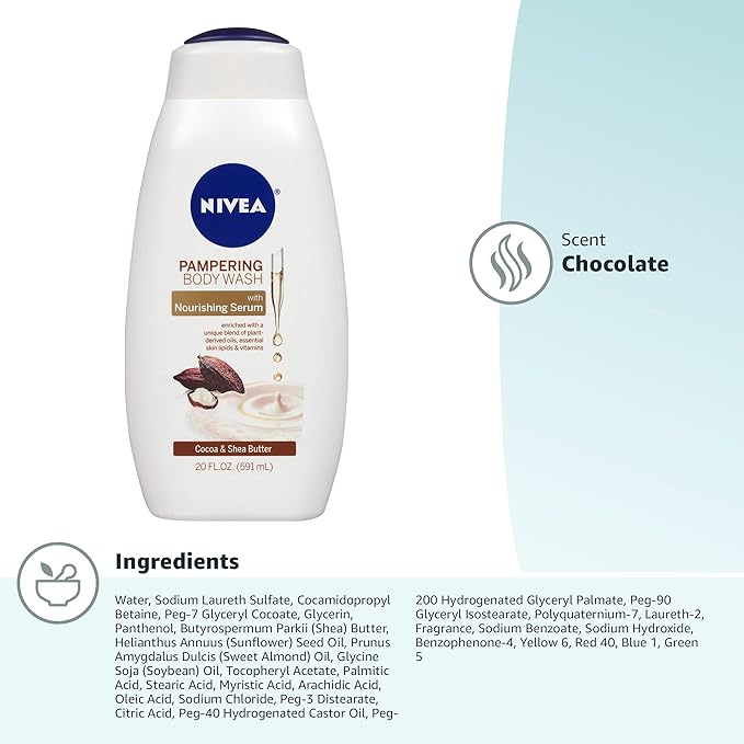Nivea Cocoa and Shea Butter Pampering Body Wash with Nourishing Serum, 20 Fl Oz Bottle (Pack of 3)