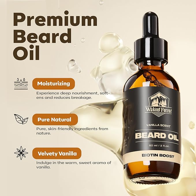 Waking Forest Vanilla Beard Oil for Men 60 ml - Biotin Mustache Oil with Vitamin E, Rosemary & Castor - Beard Care Softener, Strengthens, and Moisturizes - Beard Conditioner (2 oz)